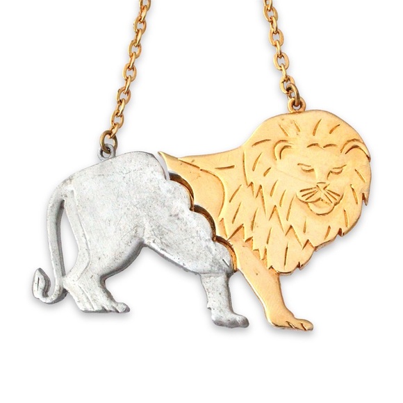 Vintage Lion Pendant Necklace Mixed Metal Gold Silver Tone Leo Zodiac Long Chain - Picture 1 of 5